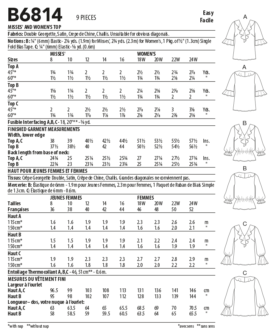 Butterick B6814 sewing pattern envelope showing women's ruffle neck top designs