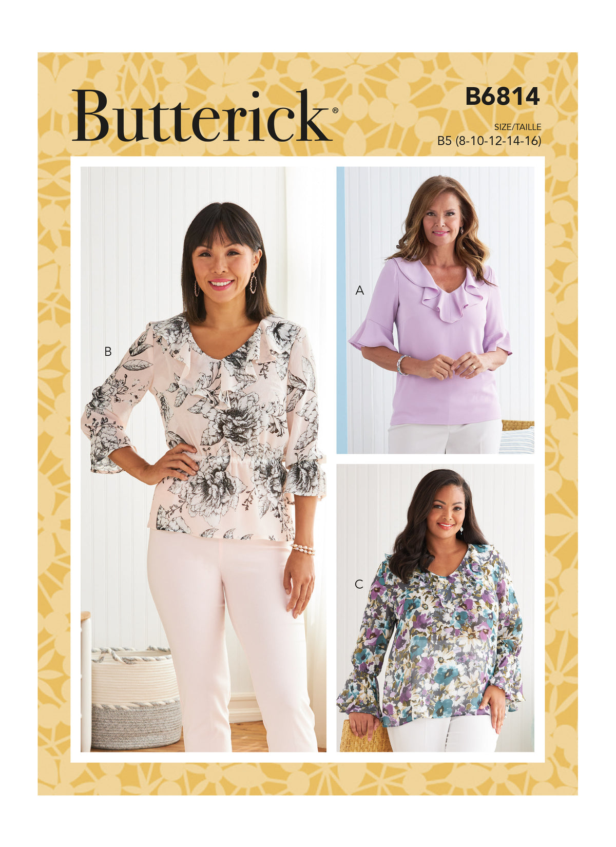 Butterick B6814 sewing pattern envelope showing women's plus size ruffle neck top designs