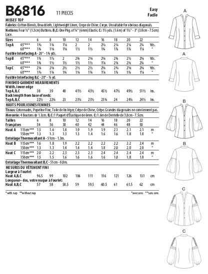 Butterick B6816 sewing pattern envelope showing women's button front top designs