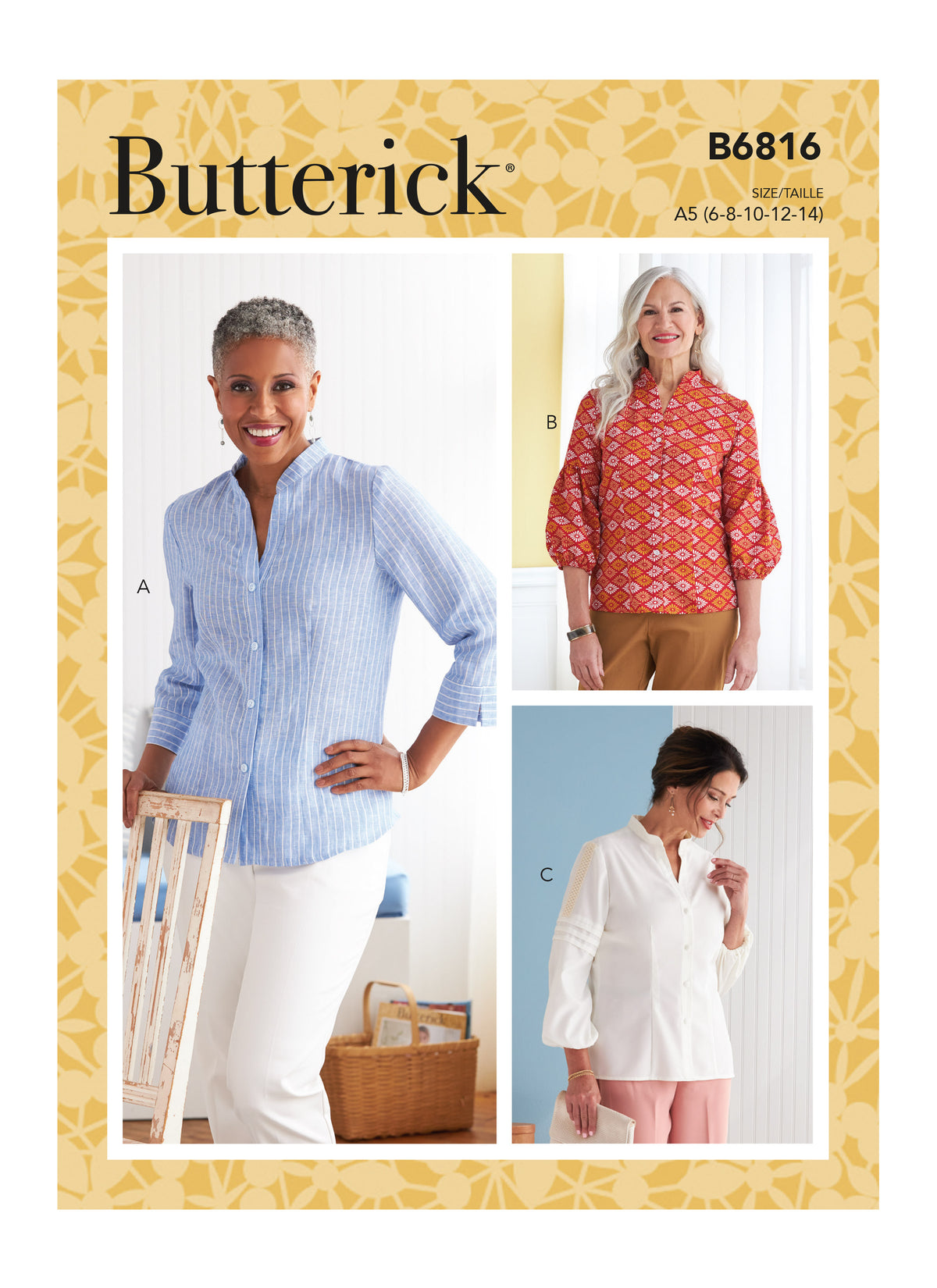 Butterick B6816 sewing pattern envelope showing women's button front top designs