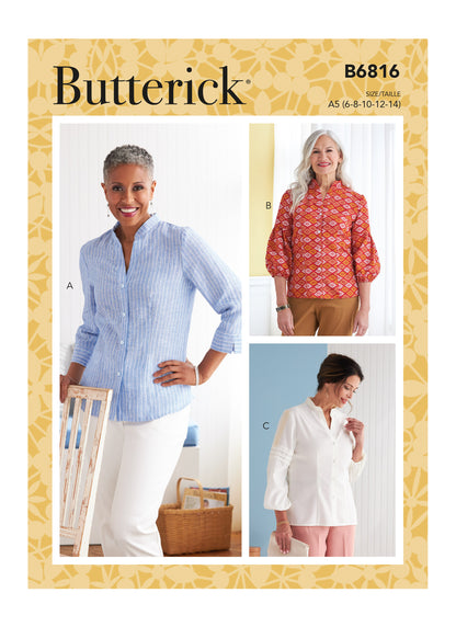 Butterick B6816 sewing pattern envelope showing women's button front top designs