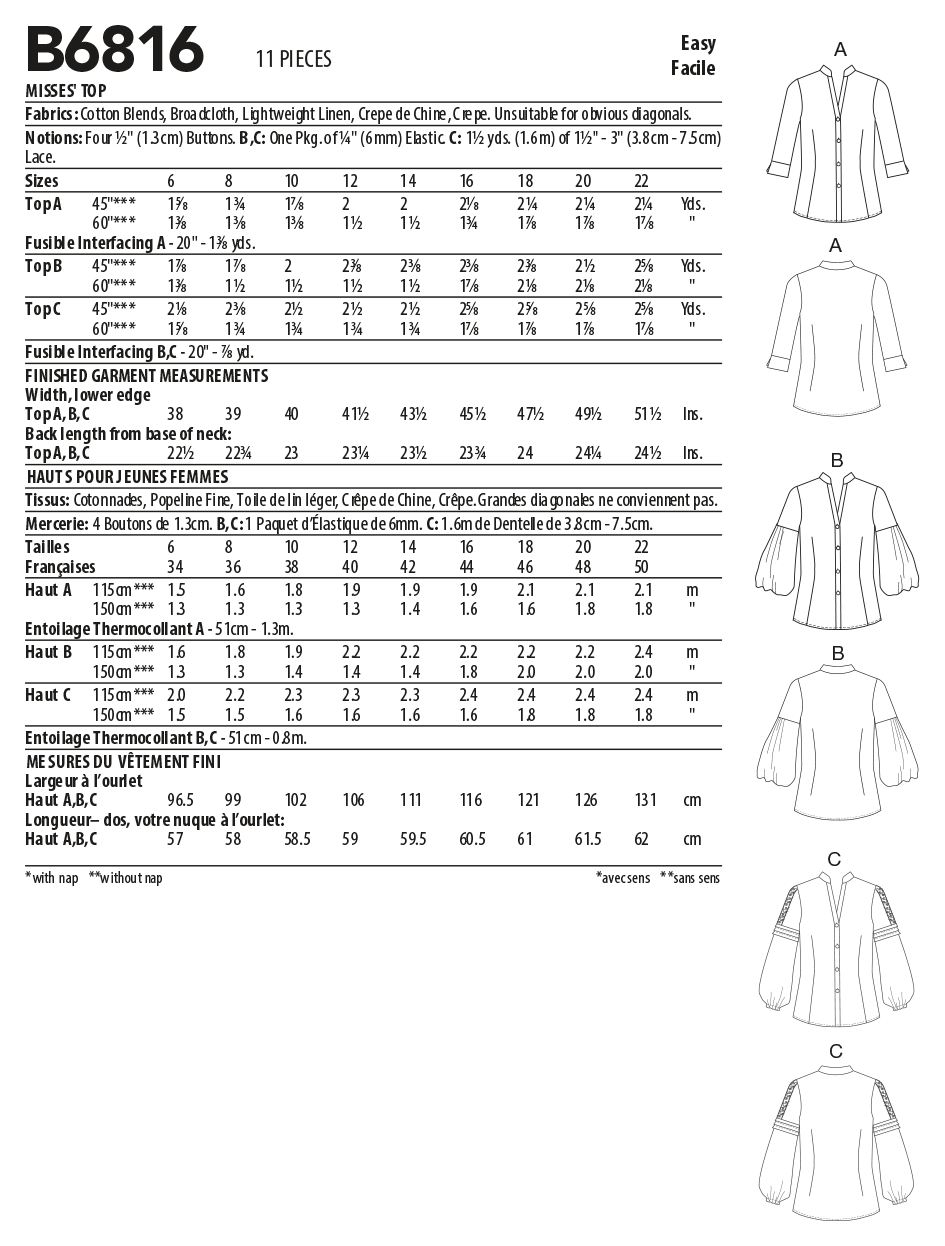 Butterick B6816 sewing pattern envelope showing women's button front top designs