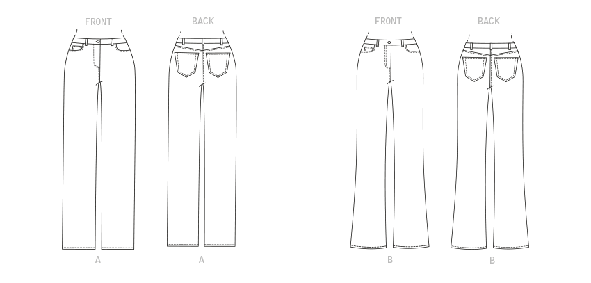Butterick B6840 sewing pattern envelope showing women's plus size straight & bootcut jeans designs