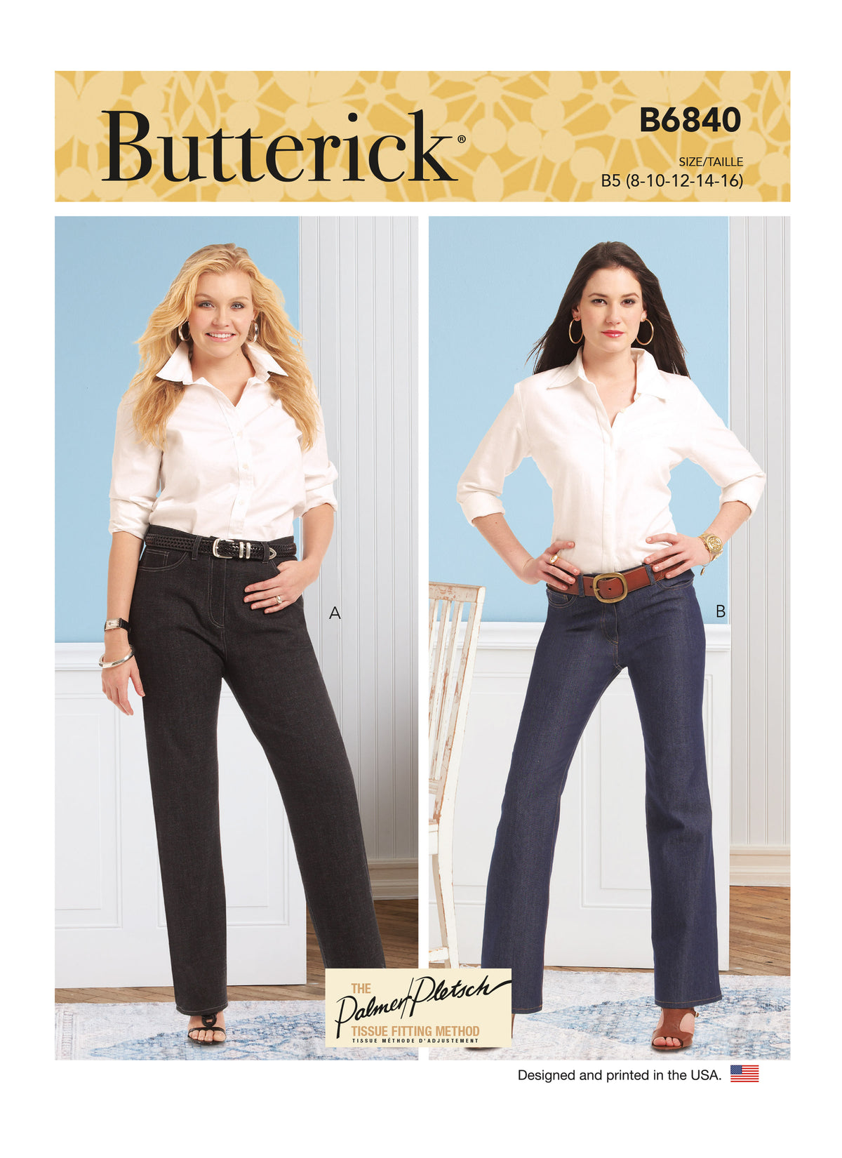 Butterick B6840 sewing pattern envelope showing women's plus size straight & bootcut jeans designs