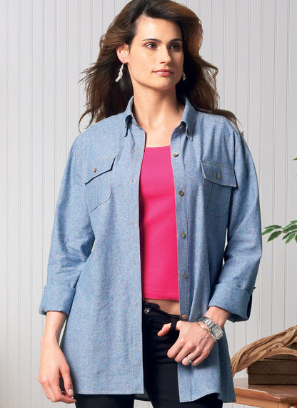 Butterick B6841 sewing pattern envelope showing unisex fitted shirt designs
