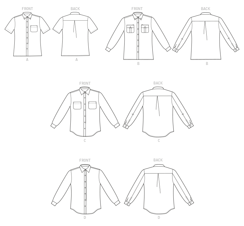 Butterick B6841 sewing pattern envelope showing unisex fitted shirt designs