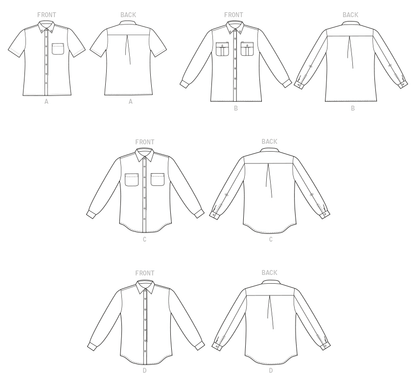 Butterick B6841 sewing pattern envelope showing unisex fitted shirt designs