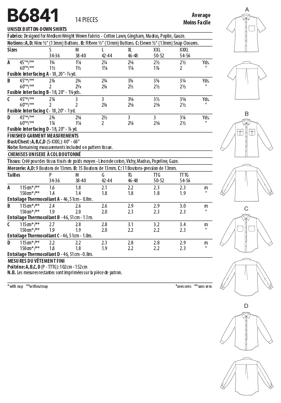 Butterick B6841 sewing pattern envelope showing unisex fitted shirt designs