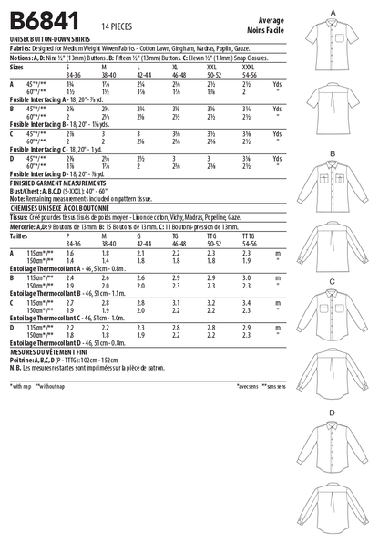 Butterick B6841 sewing pattern envelope showing unisex fitted shirt designs