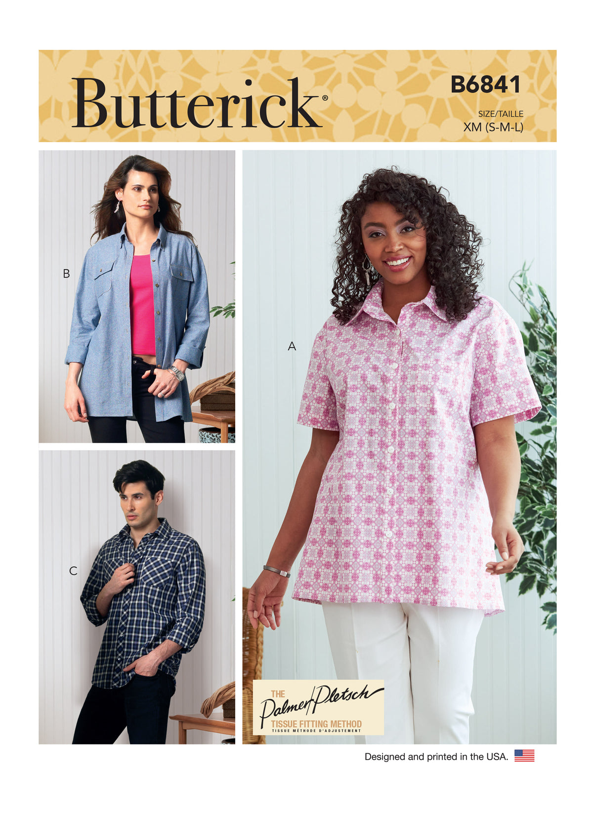 Butterick B6841 sewing pattern envelope showing unisex fitted shirt designs