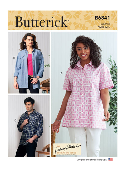 Butterick B6841 sewing pattern envelope showing unisex fitted shirt designs