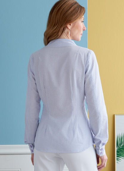 Butterick B6842 sewing pattern envelope showing women's semi-fitted shirt designs