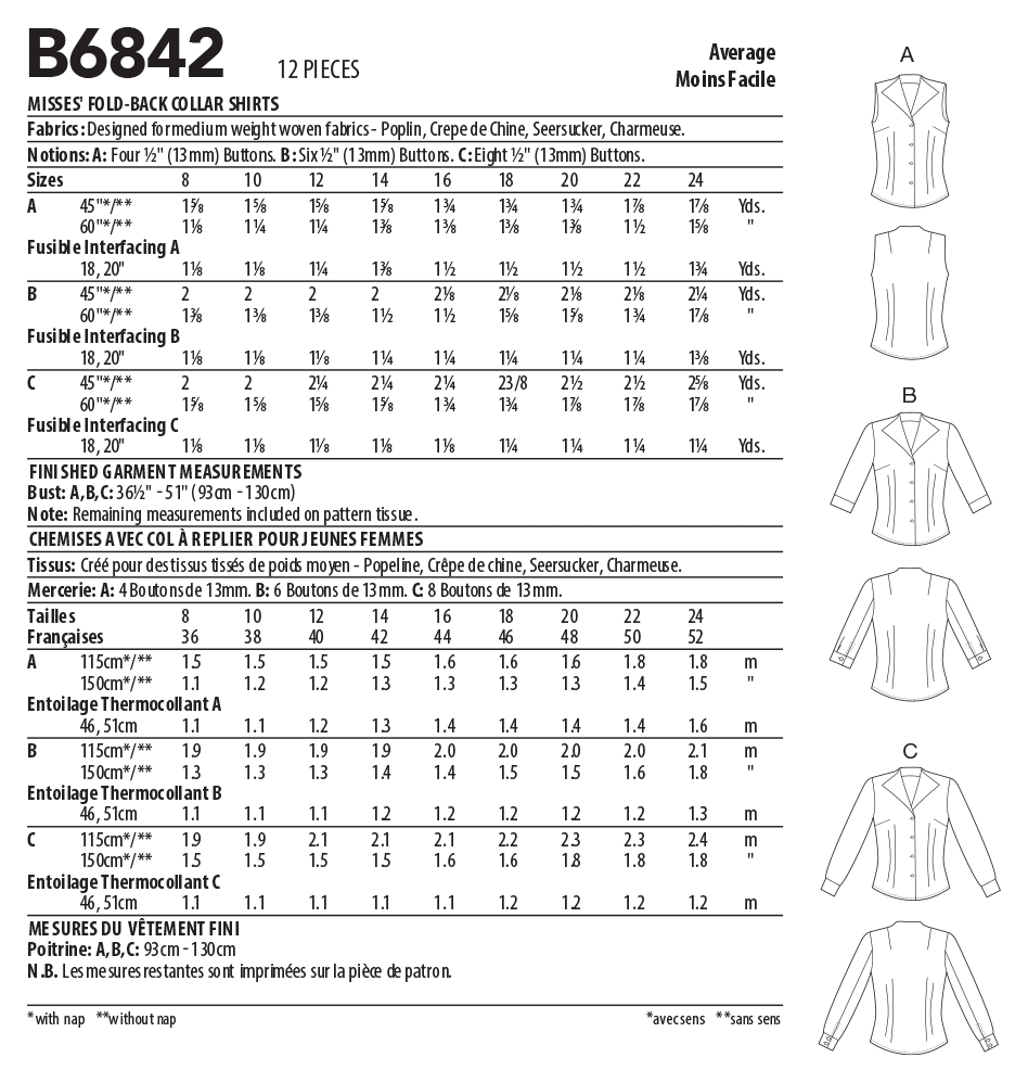 Butterick B6842 sewing pattern envelope showing women's semi-fitted shirt designs