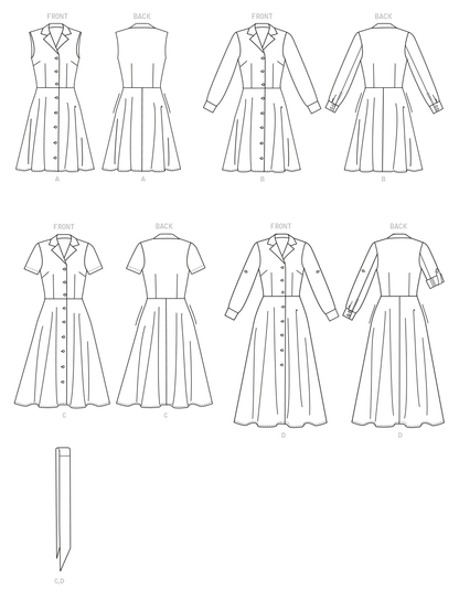 Butterick B6843 sewing pattern envelope showing women's a-line dress with notched collar designs