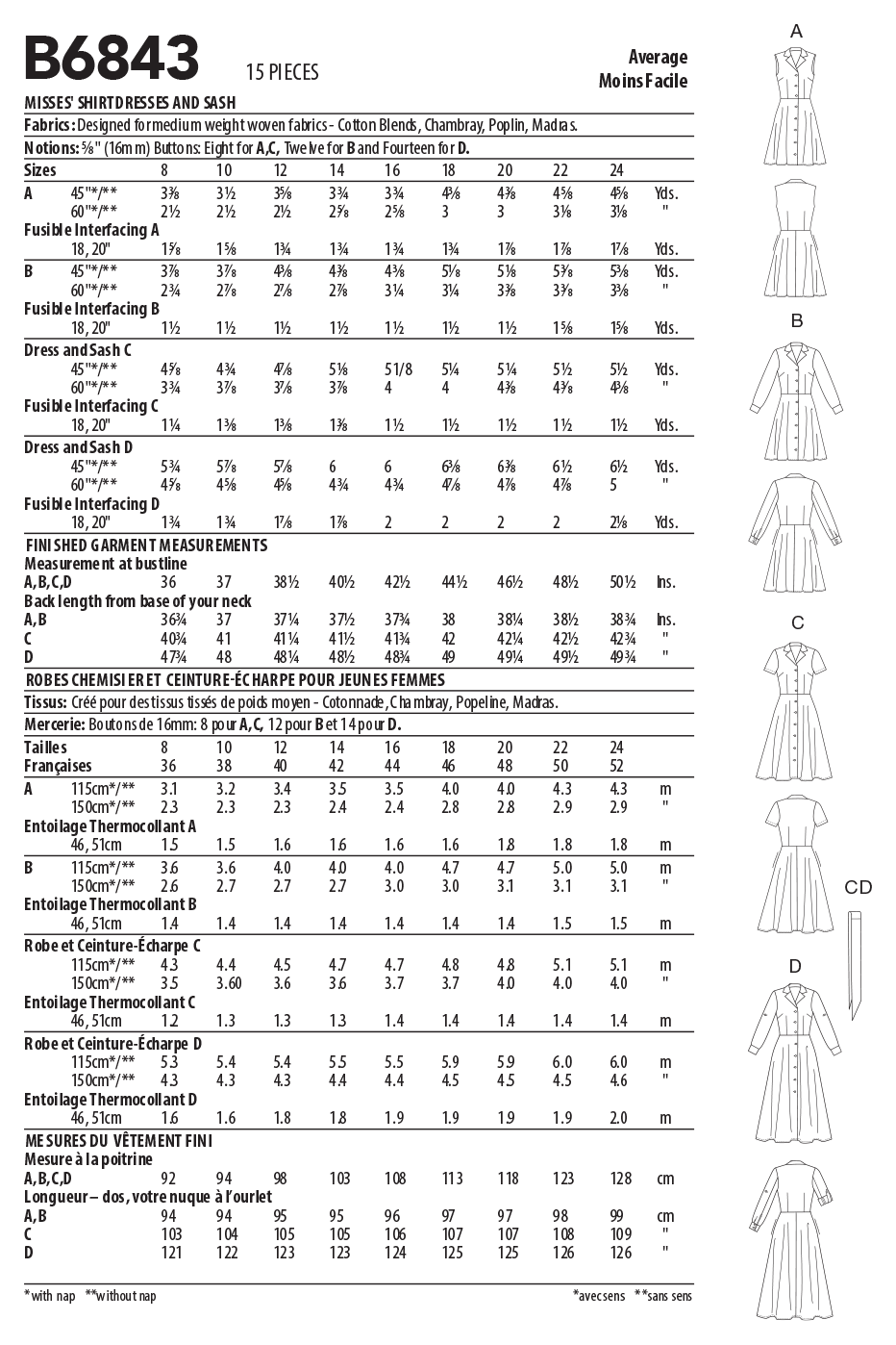 Butterick B6843 sewing pattern envelope showing women's a-line dress with notched collar designs