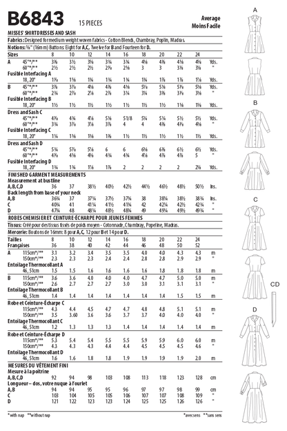 Butterick B6843 sewing pattern envelope showing women's a-line dress with notched collar designs