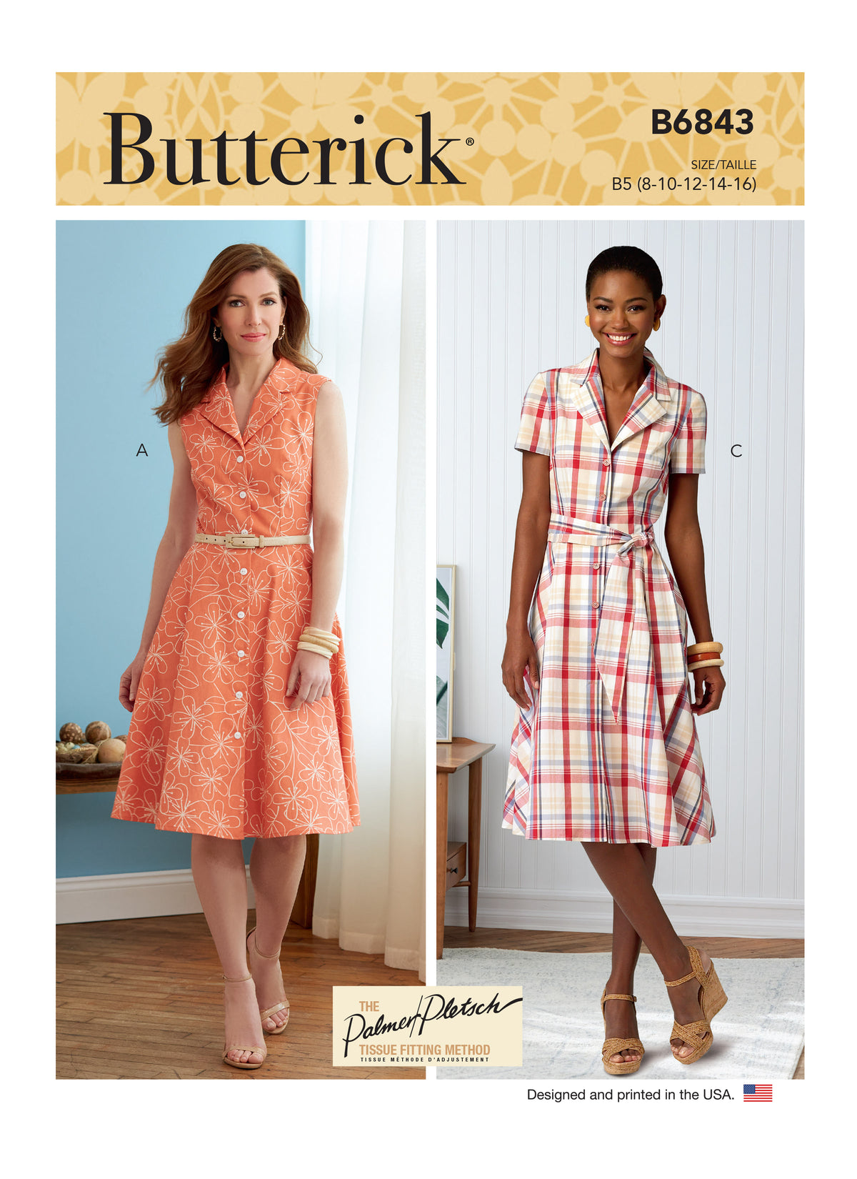 Butterick B6843 sewing pattern envelope showing women's a-line dress with notched collar designs