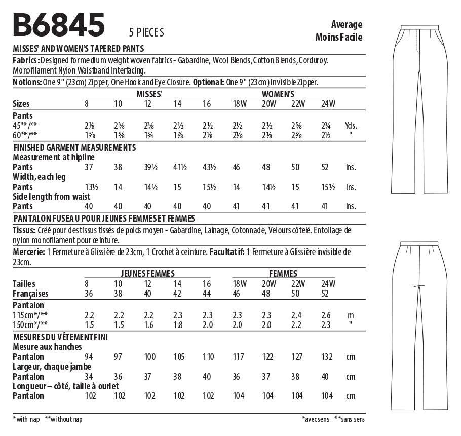 Butterick B6845 sewing pattern envelope showing women's tapered trousers designs