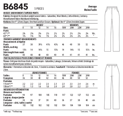 Butterick B6845 sewing pattern envelope showing women's tapered trousers designs