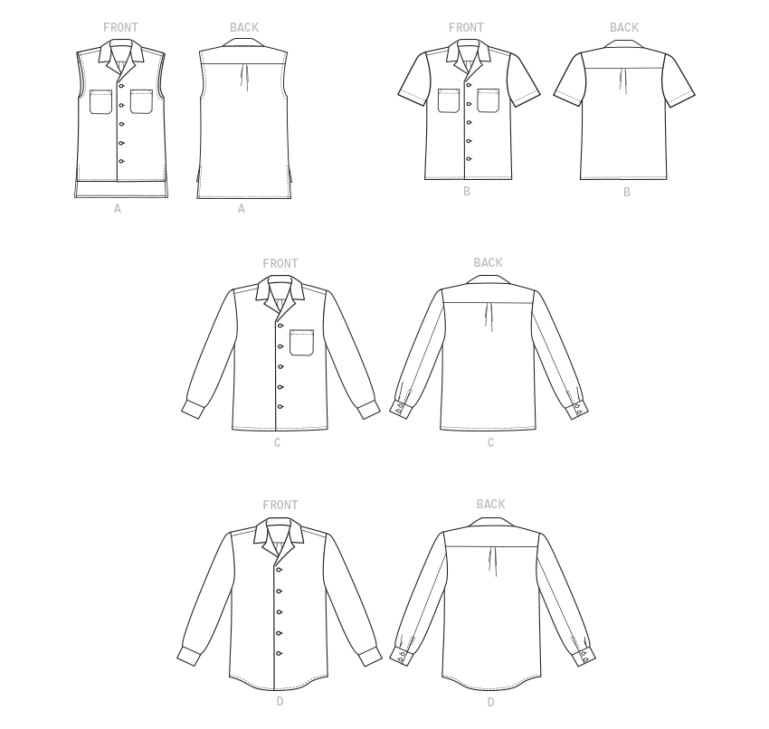 Butterick B6846 sewing pattern envelope showing unisex semi-fitted shirt designs