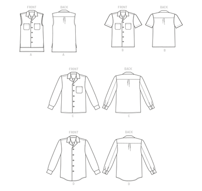 Butterick B6846 sewing pattern envelope showing unisex semi-fitted shirt designs