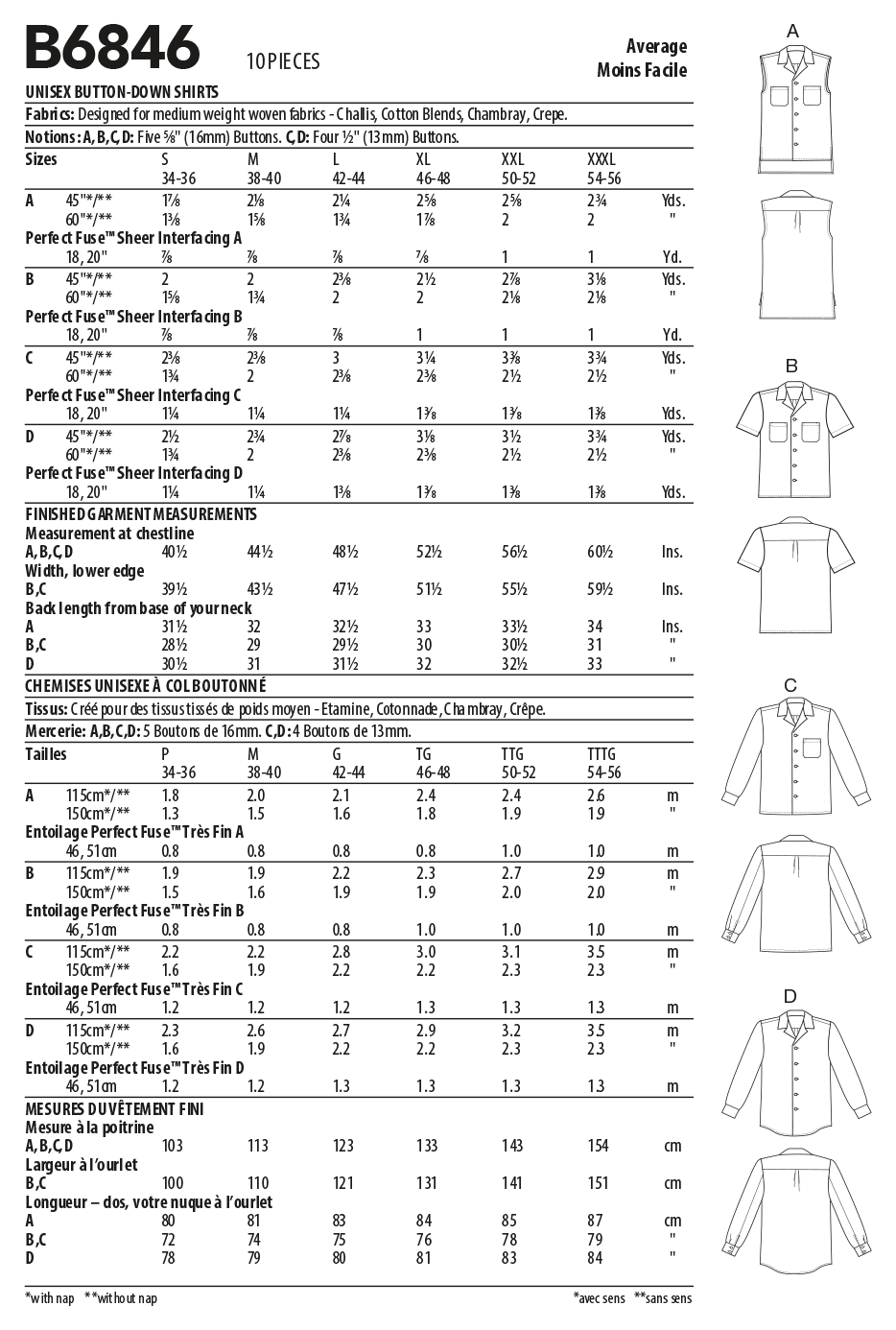 Butterick B6846 sewing pattern envelope showing unisex semi-fitted shirt designs
