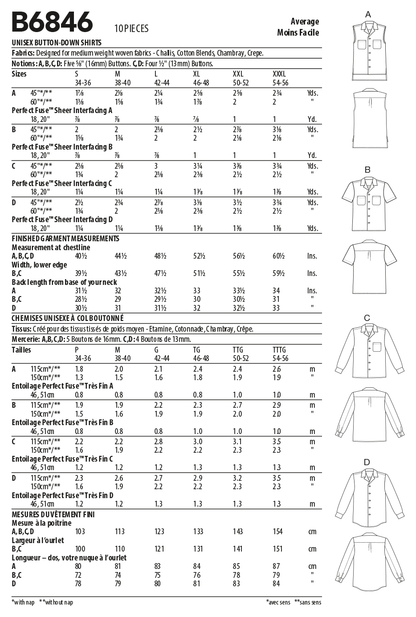 Butterick B6846 sewing pattern envelope showing unisex semi-fitted shirt designs
