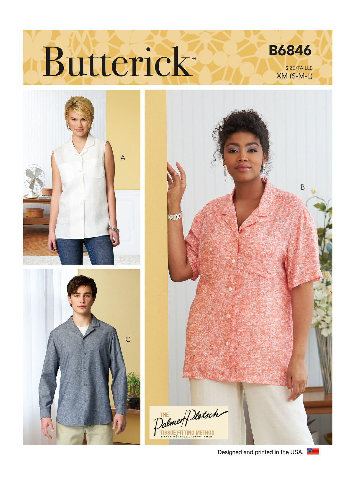 Butterick B6846 sewing pattern envelope showing unisex semi-fitted shirt designs