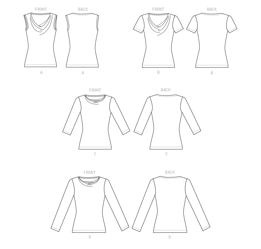 Butterick B6847 sewing pattern envelope showing women's draped neck pullover top designs