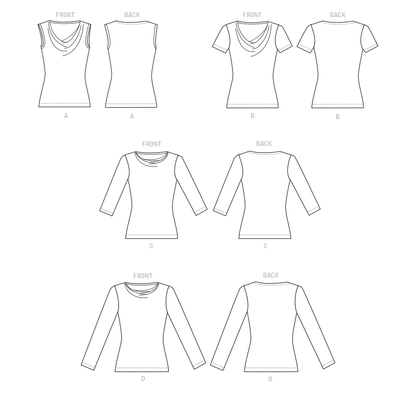 Butterick B6847 sewing pattern envelope showing women's draped neck pullover top designs