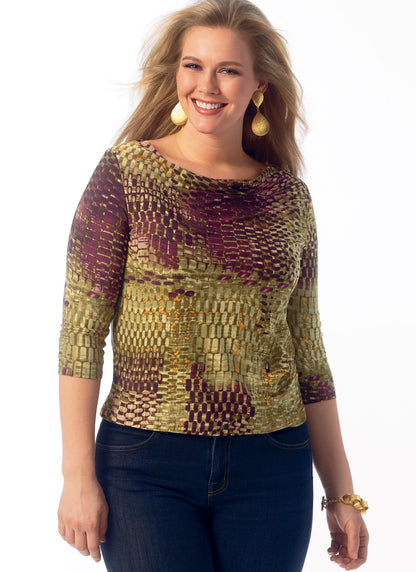 Butterick B6847 sewing pattern envelope showing women's draped neck pullover top designs