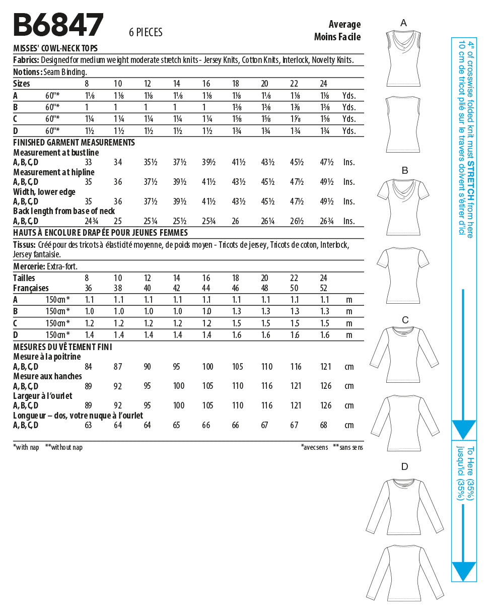 Butterick B6847 sewing pattern envelope showing women's draped neck pullover top designs