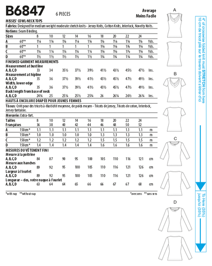 Butterick B6847 sewing pattern envelope showing women's draped neck pullover top designs