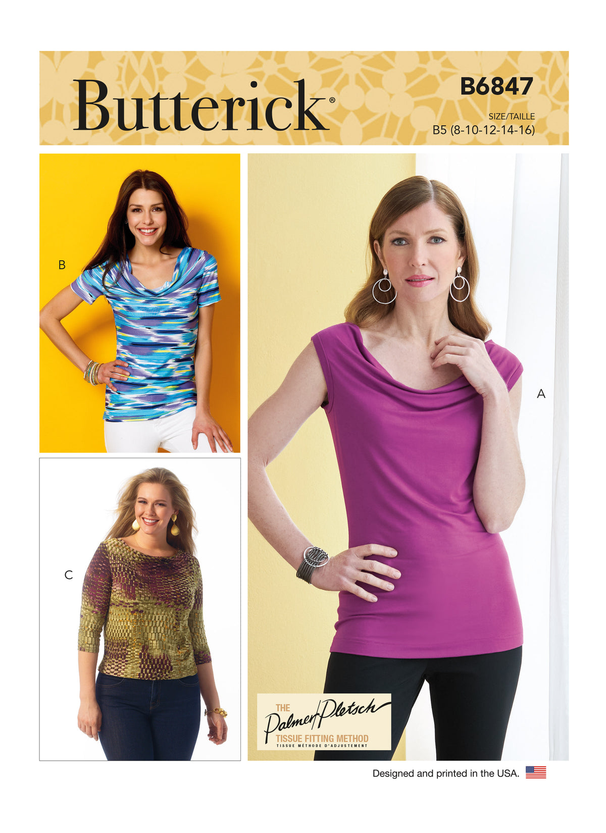 Butterick B6847 sewing pattern envelope showing women's draped neck pullover top designs