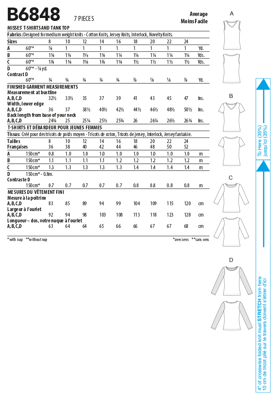 Butterick B6848 sewing pattern envelope showing women's t-shirt & tank top designs