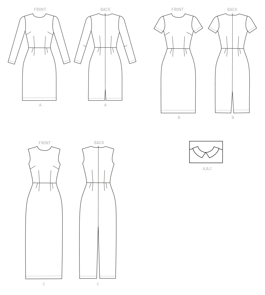 Butterick B6849 sewing pattern envelope showing women's fitted dress with back zip designs