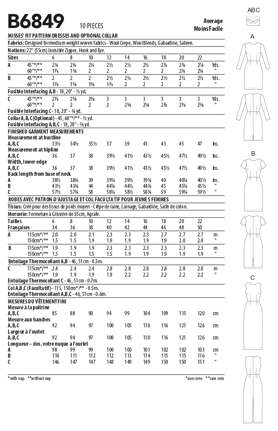 Butterick B6849 sewing pattern envelope showing women's fitted dress with back zip designs