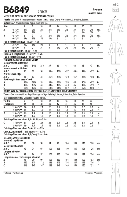 Butterick B6849 sewing pattern envelope showing women's fitted dress with back zip designs