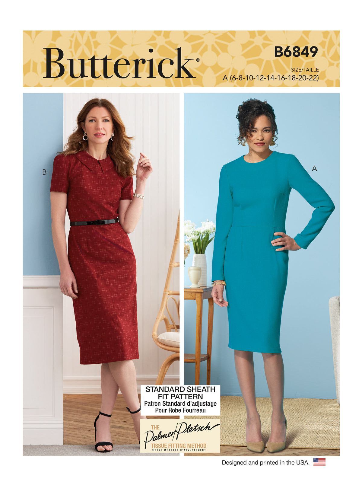 Butterick B6849 sewing pattern envelope showing women's fitted dress with back zip designs