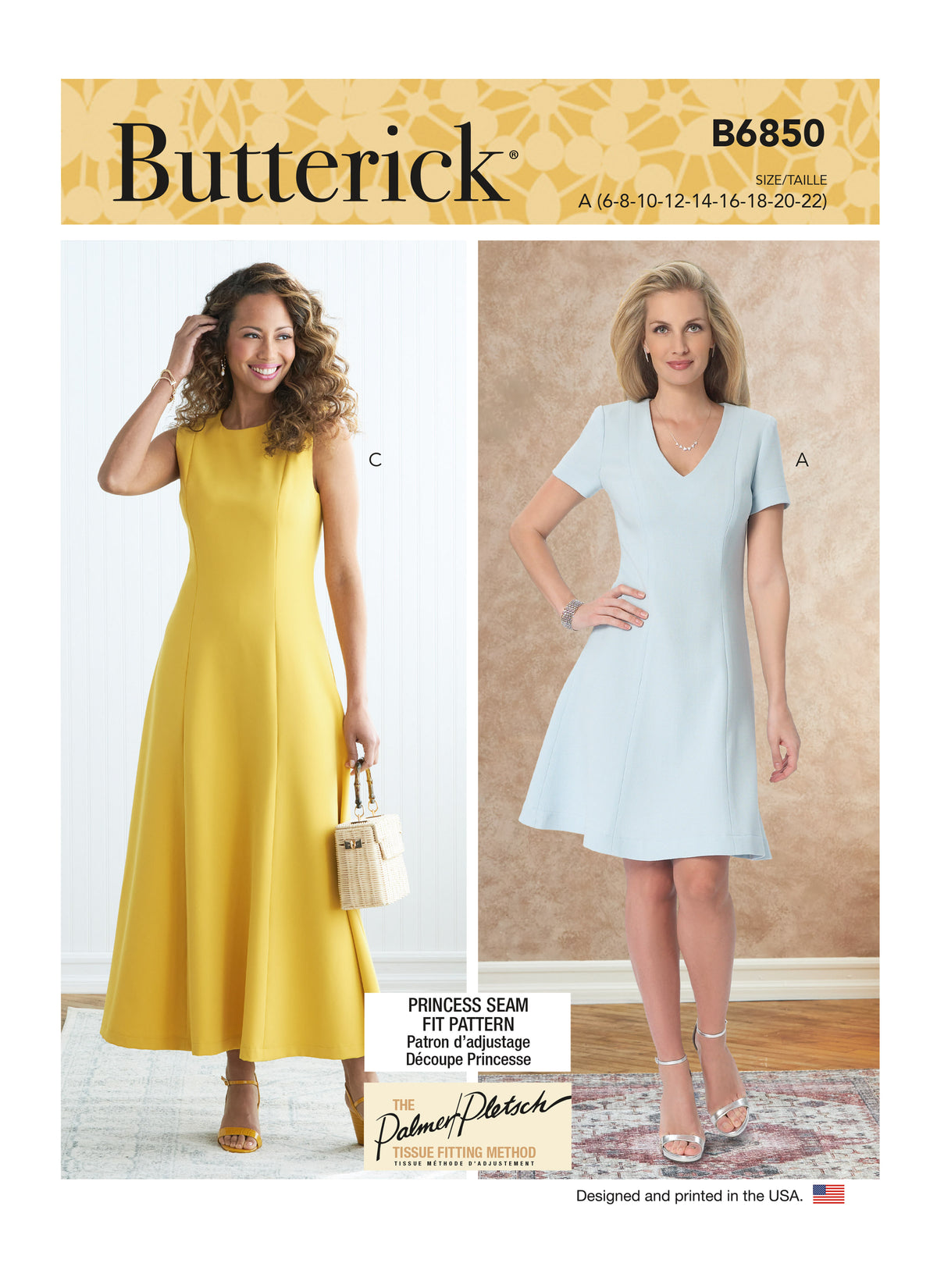 Butterick B6850 sewing pattern envelope showing women's princess seam dress designs
