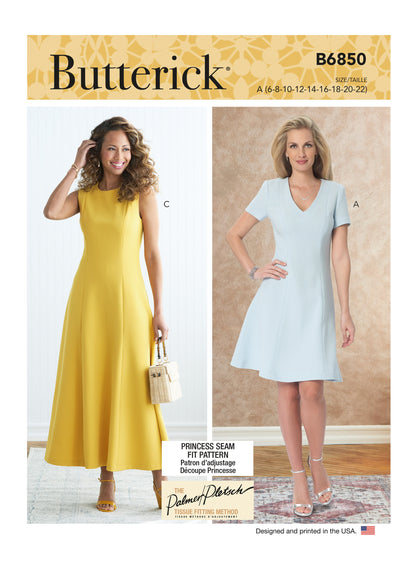 Butterick B6850 sewing pattern envelope showing women's princess seam dress designs