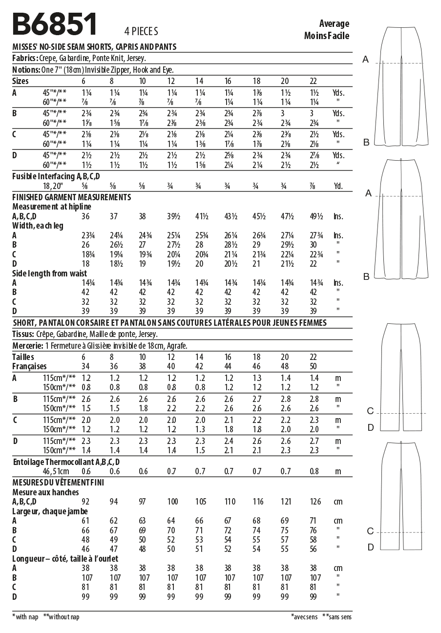 Butterick B6851 sewing pattern envelope showing women's trousers, capris & shorts designs