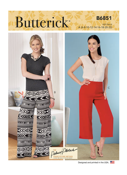 Butterick B6851 sewing pattern envelope showing women's trousers, capris & shorts designs