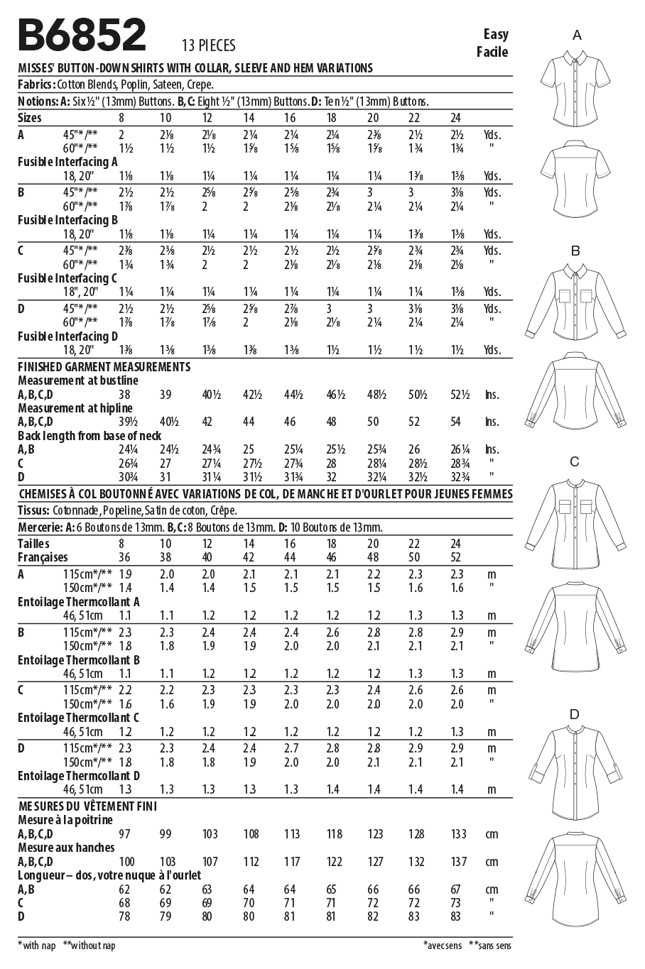Butterick B6852 sewing pattern envelope showing women's semi-fitted shirt designs