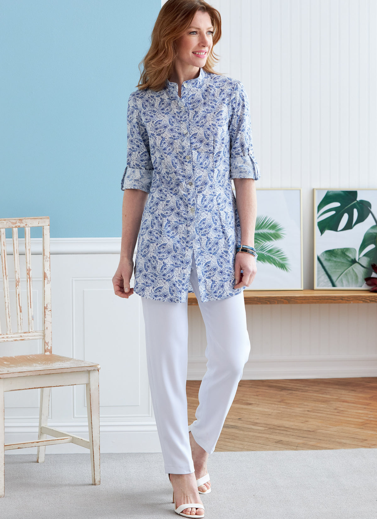 Butterick B6852 sewing pattern envelope showing women's semi-fitted shirt designs