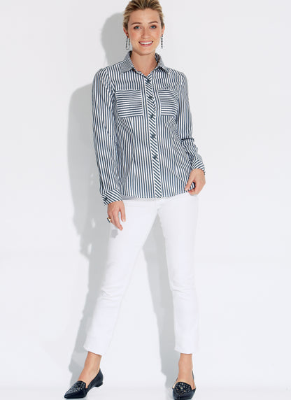 Butterick B6852 sewing pattern envelope showing women's semi-fitted shirt designs