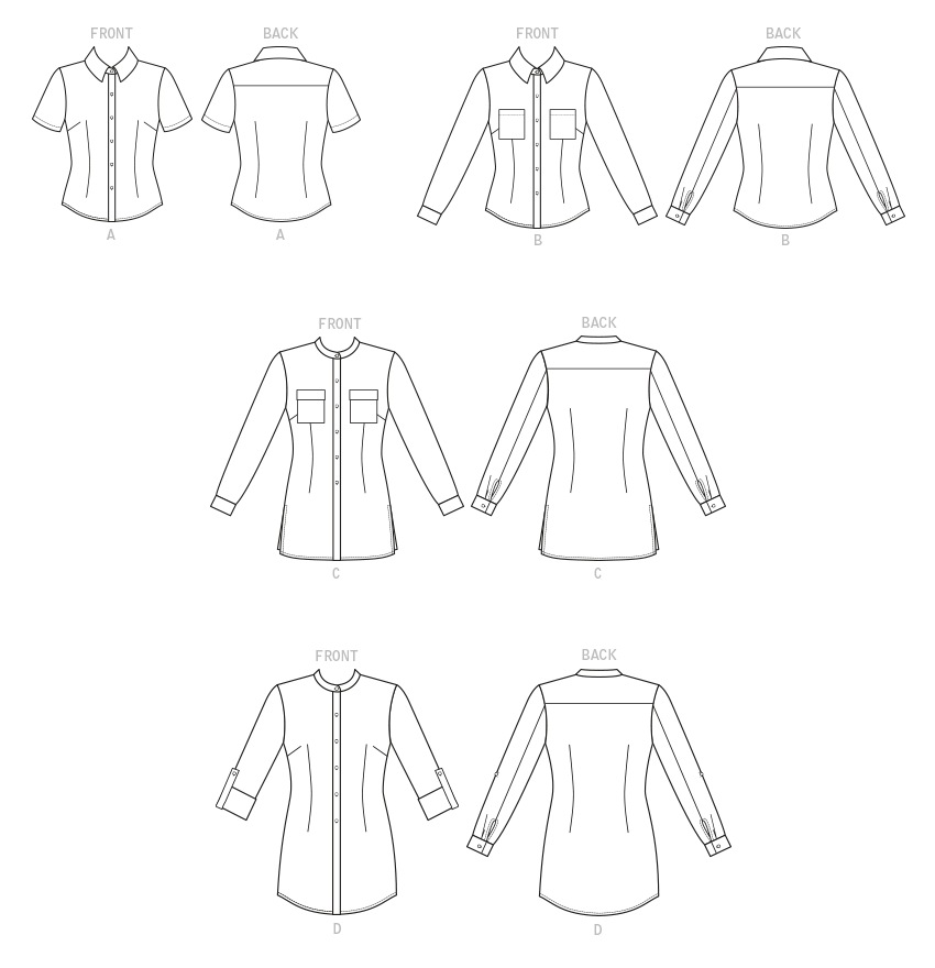 Butterick B6852 sewing pattern envelope showing women's semi-fitted shirt designs