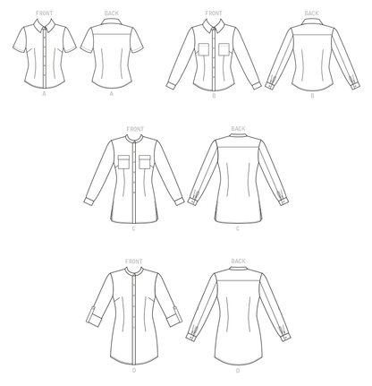 Butterick B6852 sewing pattern envelope showing women's semi-fitted shirt designs