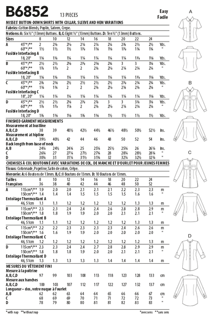 Butterick B6852 sewing pattern envelope showing women's semi-fitted shirt designs