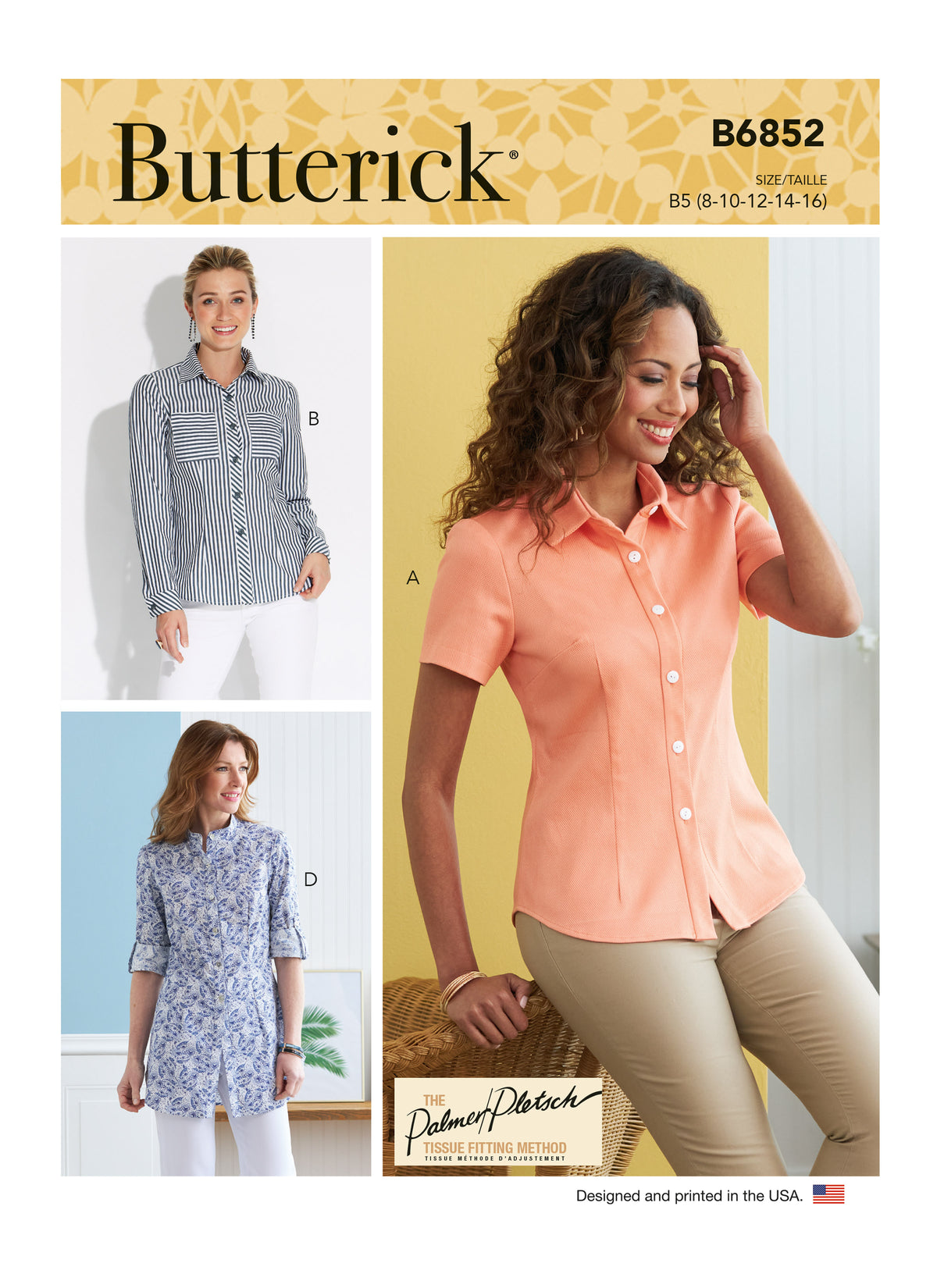 Butterick B6852 sewing pattern envelope showing women's semi-fitted shirt designs